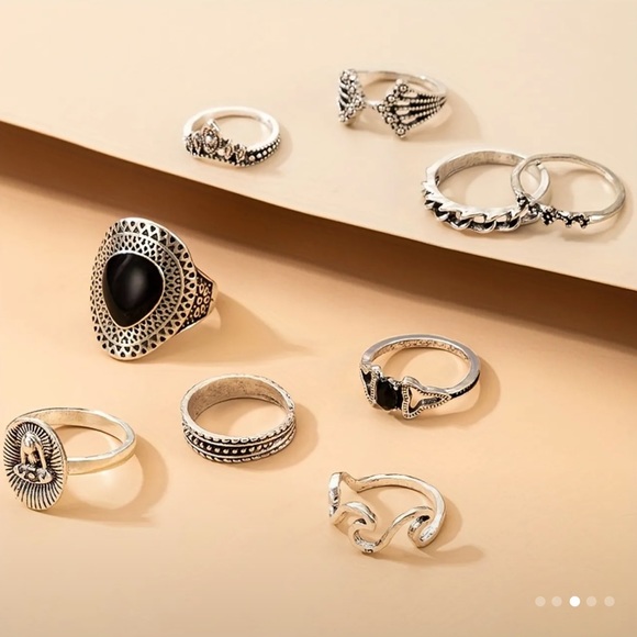 9-Piece Aged Silver Tribal Ring Set - Picture 3 of 5